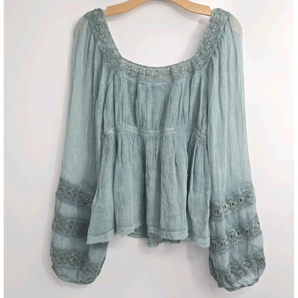 Free People Peasant Top Size Medium Moonchaser Blue Dust Mineral Puff Sleeve